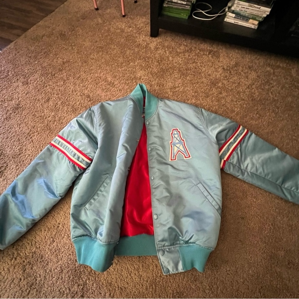 Vintage 90s Houston Oilers Satin Starter Bomber Varsity
Jacket Blue Mens Size LG